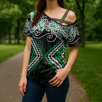 Green Aotearoa Tukutuku Manawa Tapu Cross Shoulder Shirt Ta Moko Toi Maori LT9 - Polynesian Pride