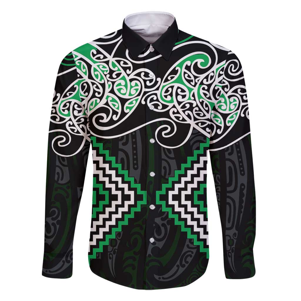 Green Aotearoa Tukutuku Manawa Tapu Family Matching Long Sleeve Bodycon Dress and Hawaiian Shirt Ta Moko Toi Maori LT9 Dad's Shirt - Long Sleeve Green - Polynesian Pride