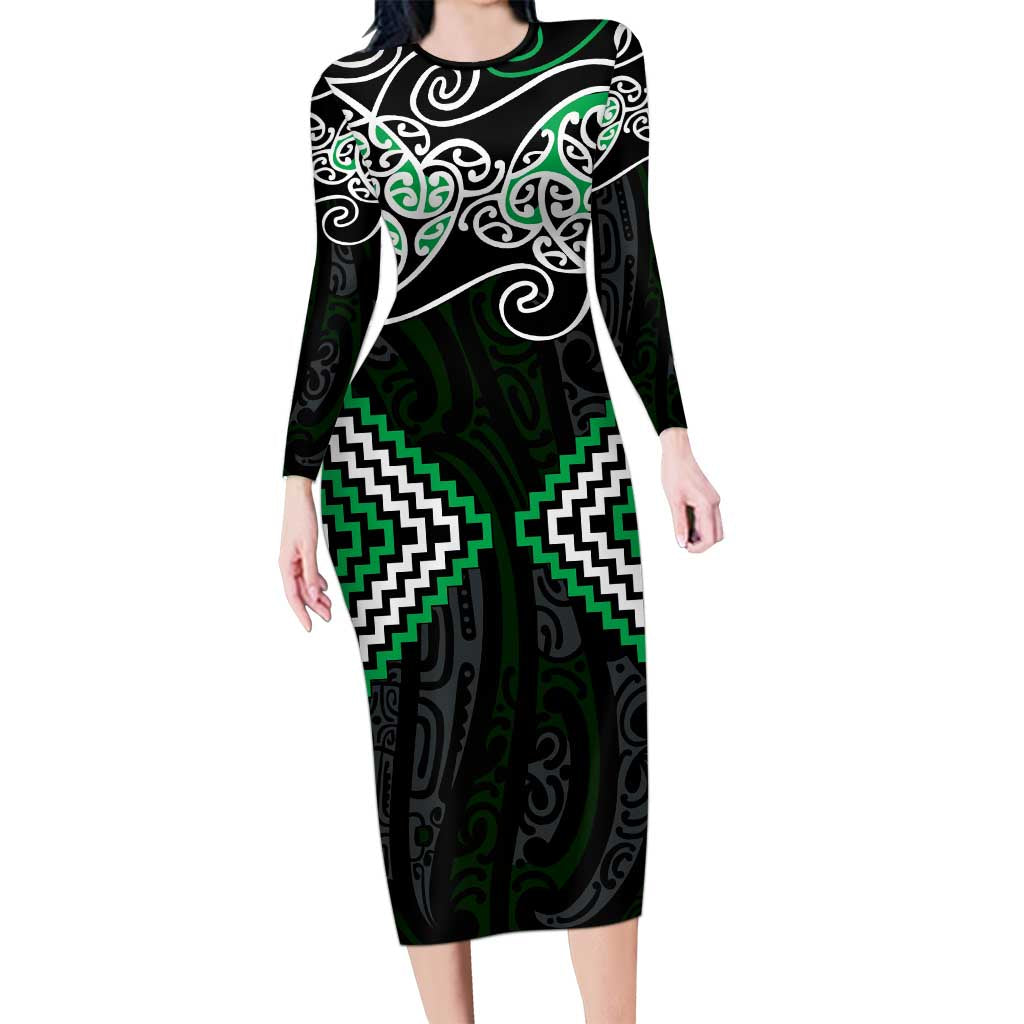 Green Aotearoa Tukutuku Manawa Tapu Family Matching Long Sleeve Bodycon Dress and Hawaiian Shirt Ta Moko Toi Maori LT9 Mom's Dress Green - Polynesian Pride