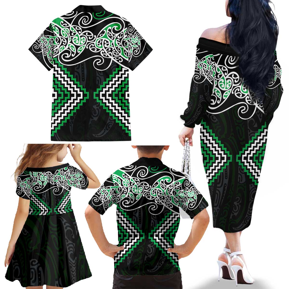 Green Aotearoa Tukutuku Manawa Tapu Family Matching Off The Shoulder Long Sleeve Dress and Hawaiian Shirt Ta Moko Toi Maori LT9 - Polynesian Pride