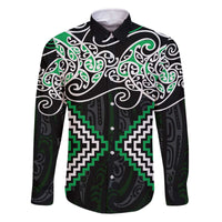 Green Aotearoa Tukutuku Manawa Tapu Family Matching Off The Shoulder Long Sleeve Dress and Hawaiian Shirt Ta Moko Toi Maori LT9 Dad's Shirt - Long Sleeve Green - Polynesian Pride