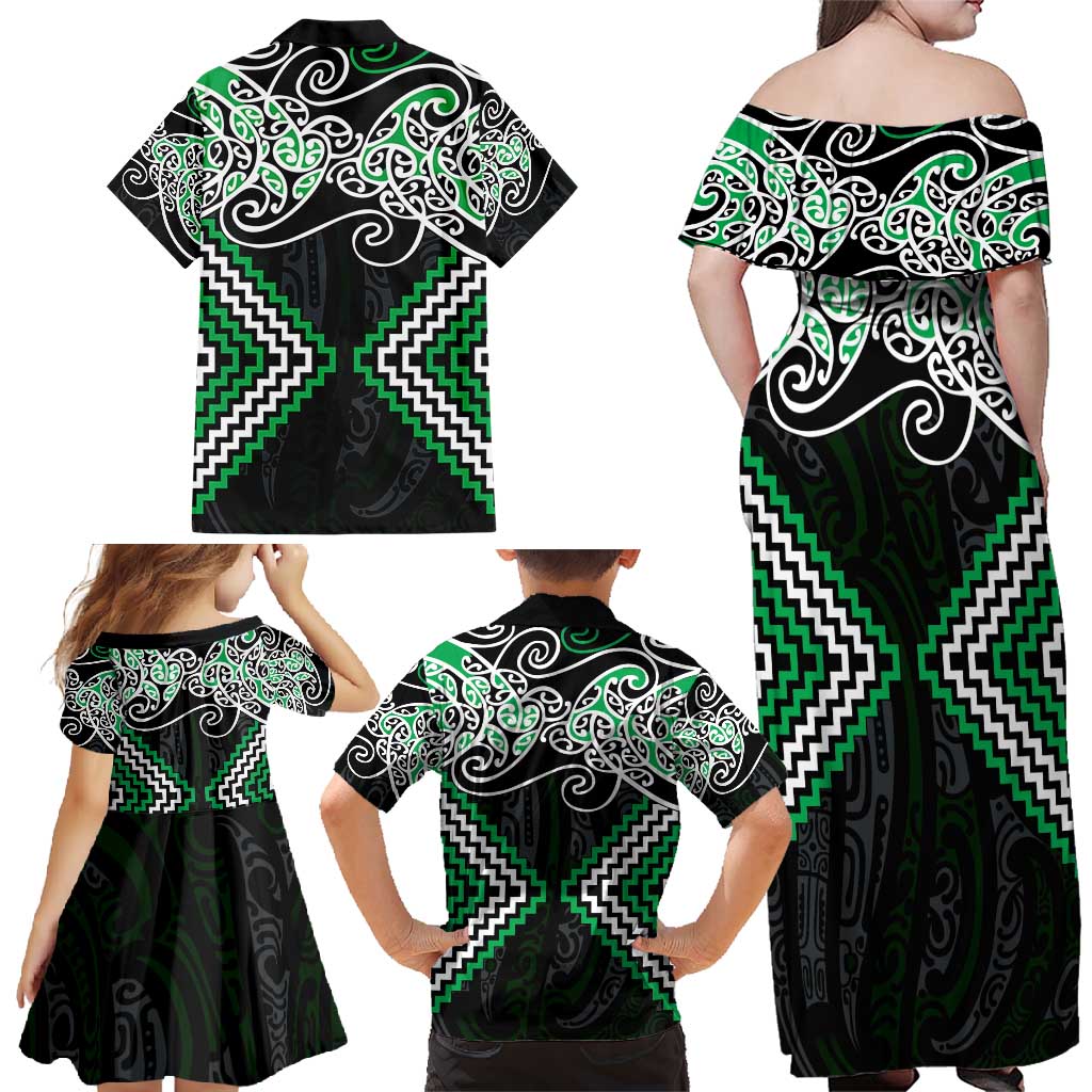 Green Aotearoa Tukutuku Manawa Tapu Family Matching Off Shoulder Maxi Dress and Hawaiian Shirt Ta Moko Toi Maori LT9 - Polynesian Pride