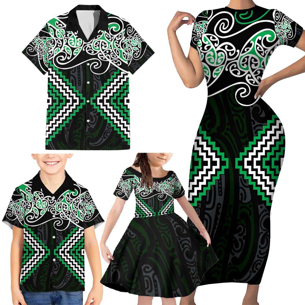 Green Aotearoa Tukutuku Manawa Tapu Family Matching Short Sleeve Bodycon Dress and Hawaiian Shirt Ta Moko Toi Maori LT9 - Polynesian Pride