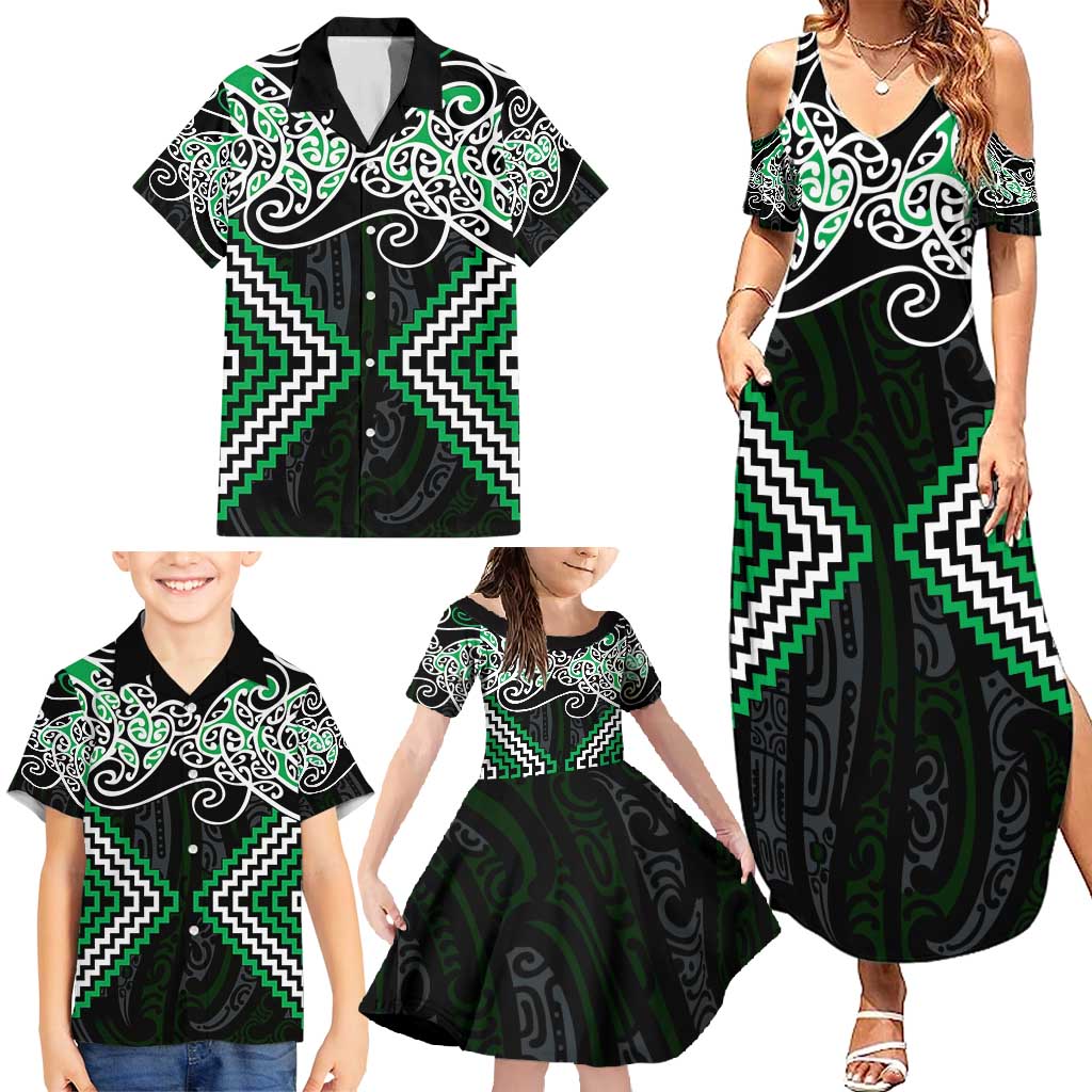 Green Aotearoa Tukutuku Manawa Tapu Family Matching Summer Maxi Dress and Hawaiian Shirt Ta Moko Toi Maori LT9 - Polynesian Pride