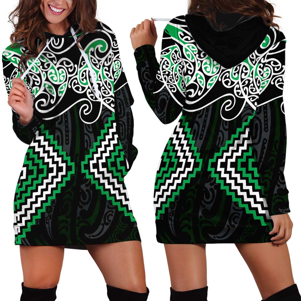 Green Aotearoa Tukutuku Manawa Tapu Hoodie Dress Ta Moko Toi Maori LT9 - Polynesian Pride