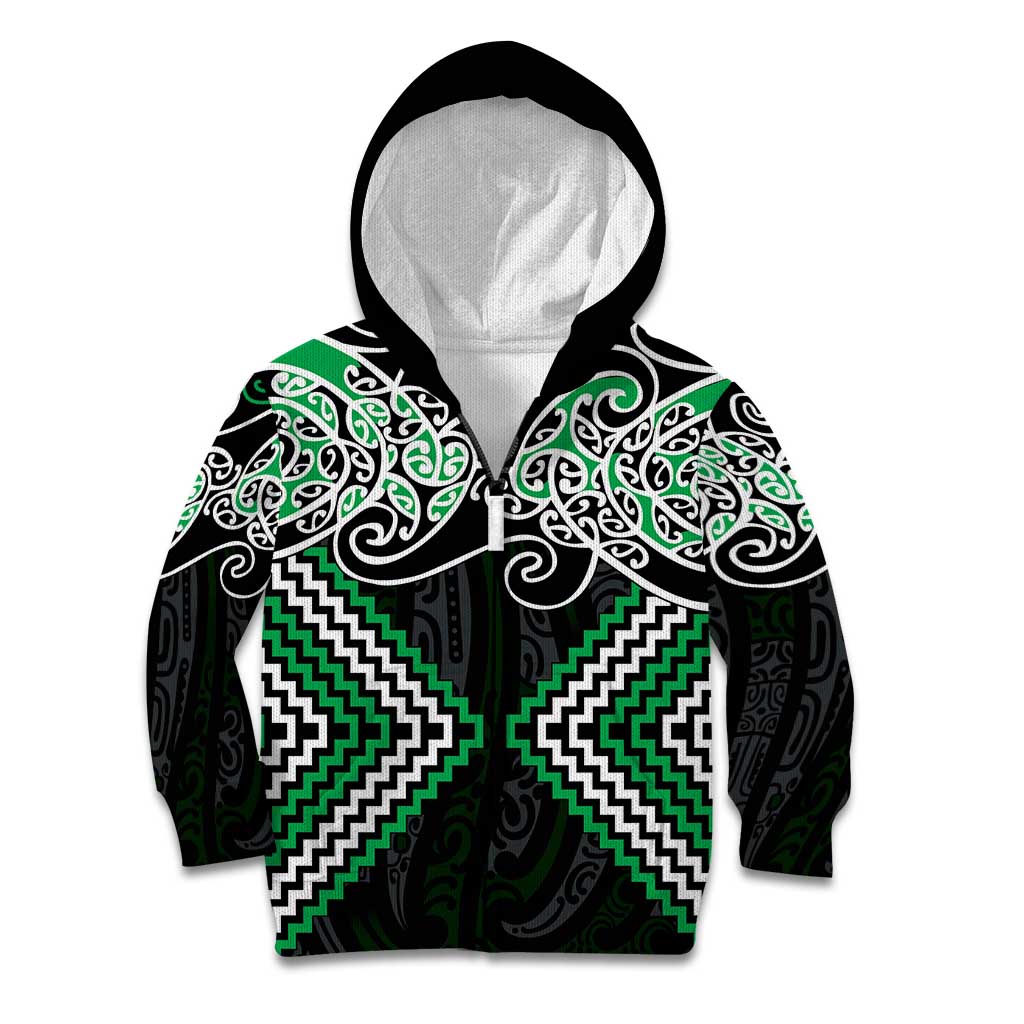 Green Aotearoa Tukutuku Manawa Tapu Kid Hoodie Ta Moko Toi Maori LT9 Zip Hoodie Green - Polynesian Pride