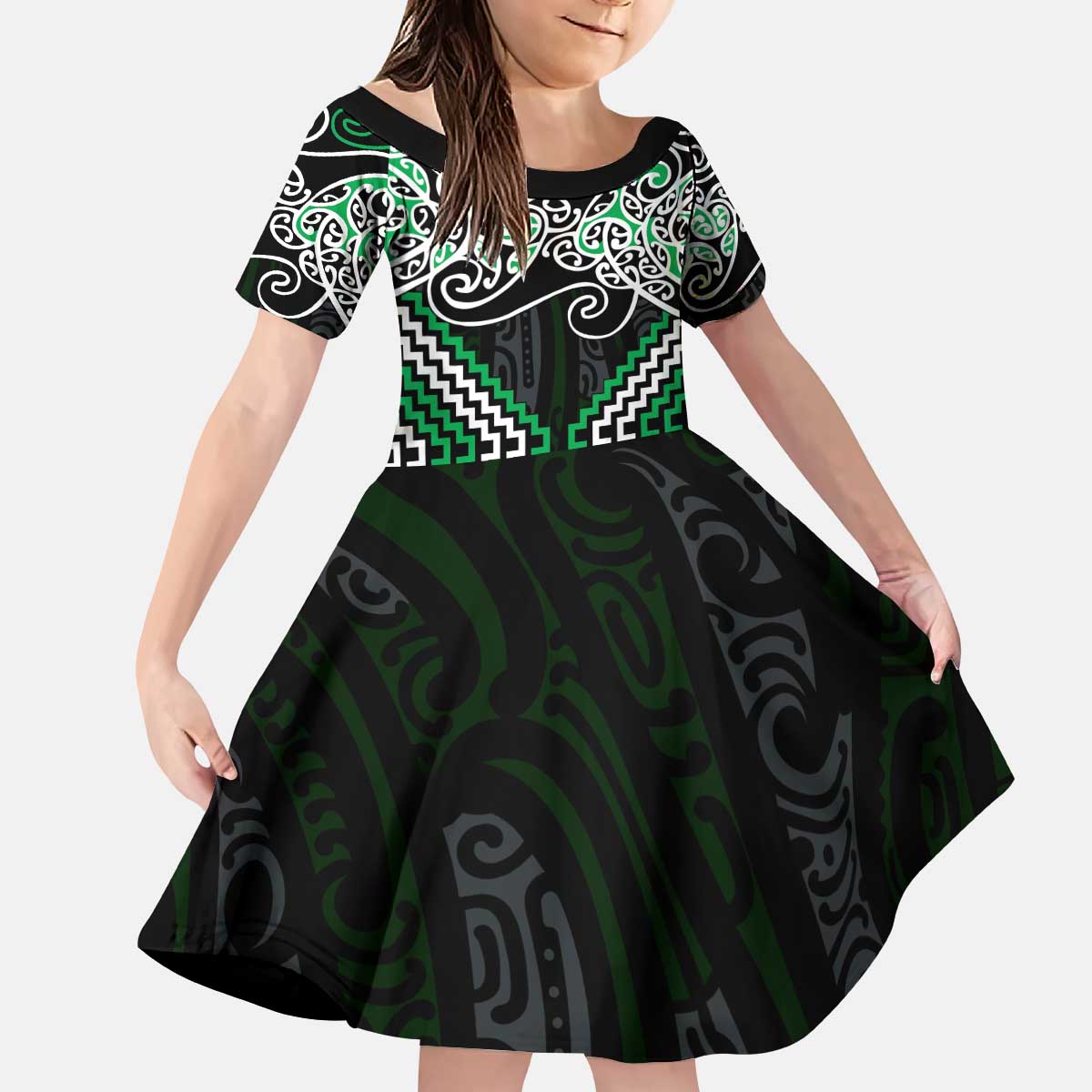 Green Aotearoa Tukutuku Manawa Tapu Kid Short Sleeve Dress Ta Moko Toi Maori LT9 KID Green - Polynesian Pride