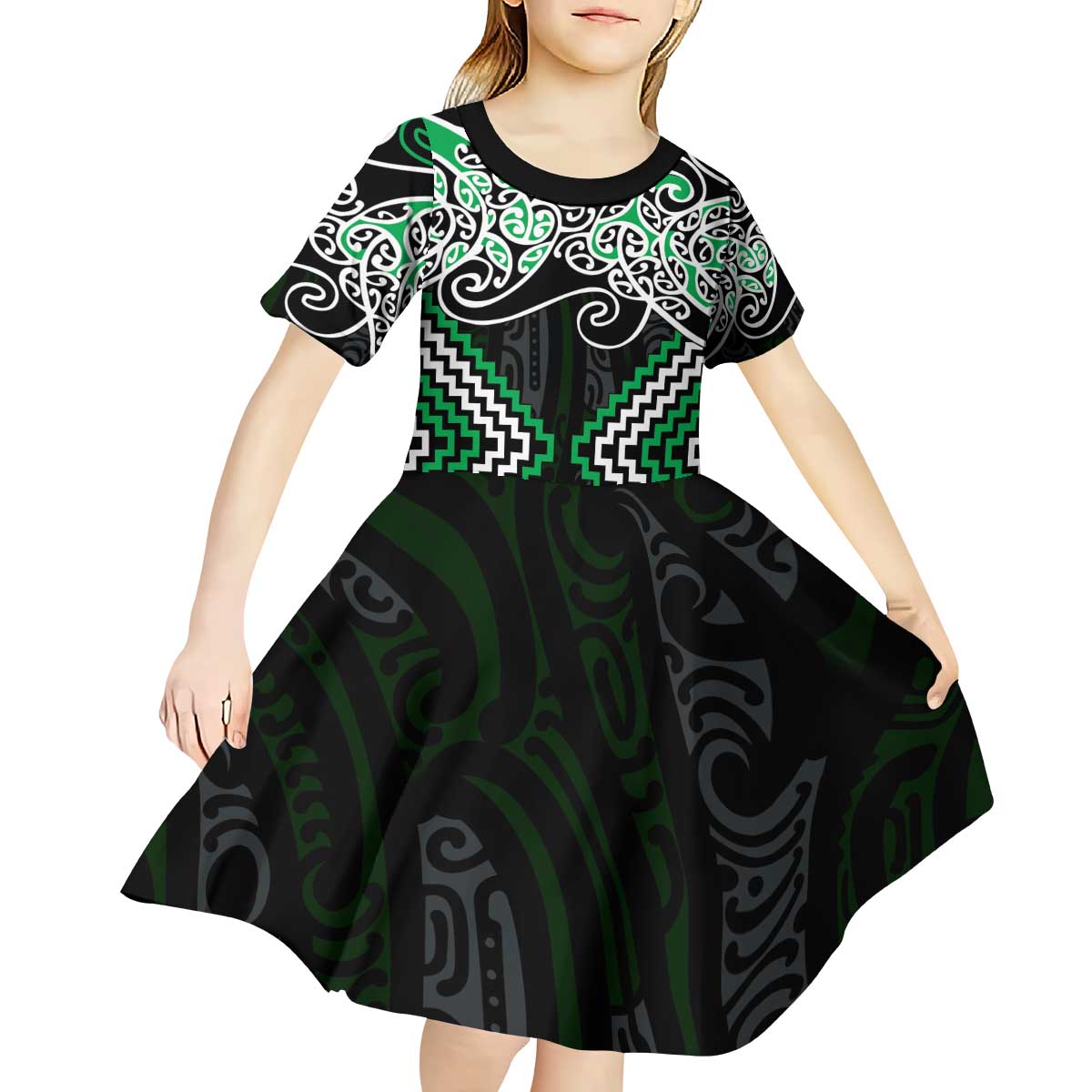 Green Aotearoa Tukutuku Manawa Tapu Kid Short Sleeve Dress Ta Moko Toi Maori LT9 - Polynesian Pride