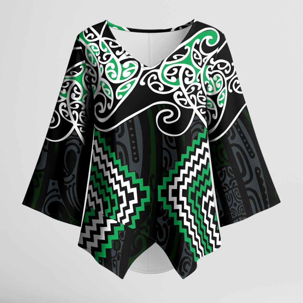 Green Aotearoa Tukutuku Manawa Tapu Kimono Sleeve Blouse Ta Moko Toi Maori LT9 Female Green - Polynesian Pride