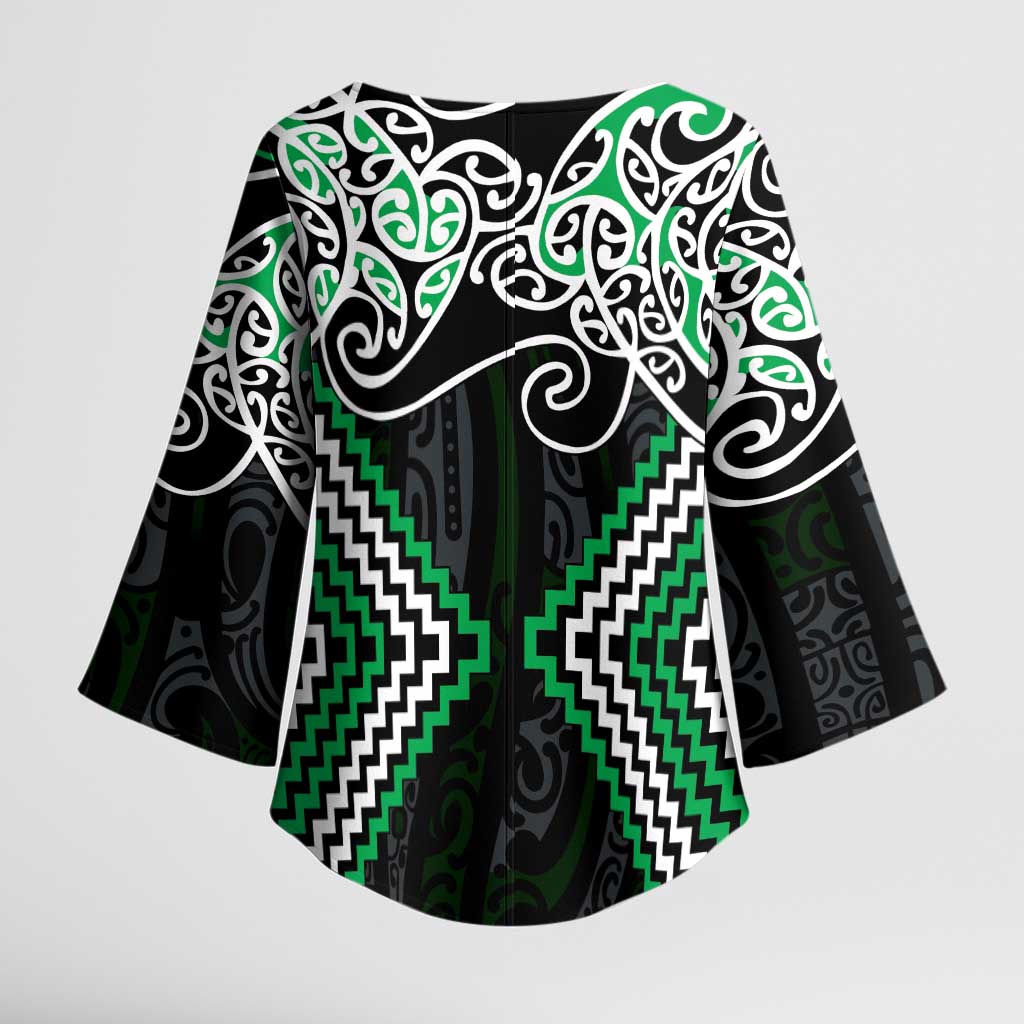 Green Aotearoa Tukutuku Manawa Tapu Kimono Sleeve Blouse Ta Moko Toi Maori LT9 - Polynesian Pride
