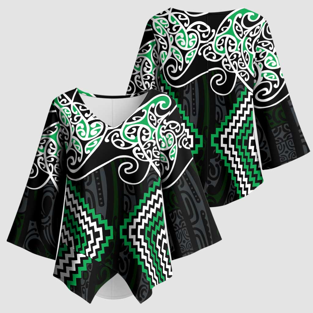 Green Aotearoa Tukutuku Manawa Tapu Kimono Sleeve Blouse Ta Moko Toi Maori LT9 - Polynesian Pride