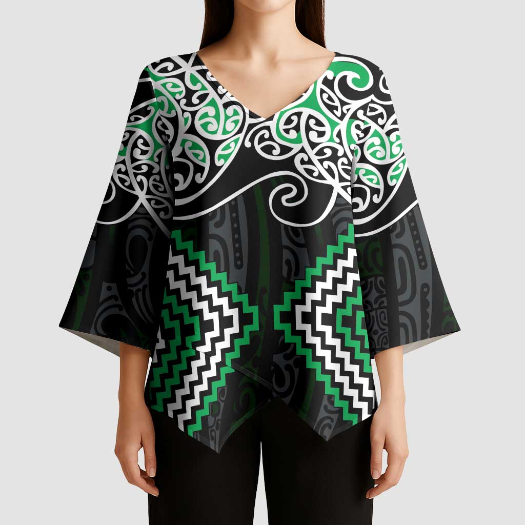 Green Aotearoa Tukutuku Manawa Tapu Kimono Sleeve Blouse Ta Moko Toi Maori LT9 - Polynesian Pride
