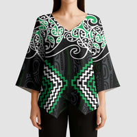 Green Aotearoa Tukutuku Manawa Tapu Kimono Sleeve Blouse Ta Moko Toi Maori LT9 - Polynesian Pride