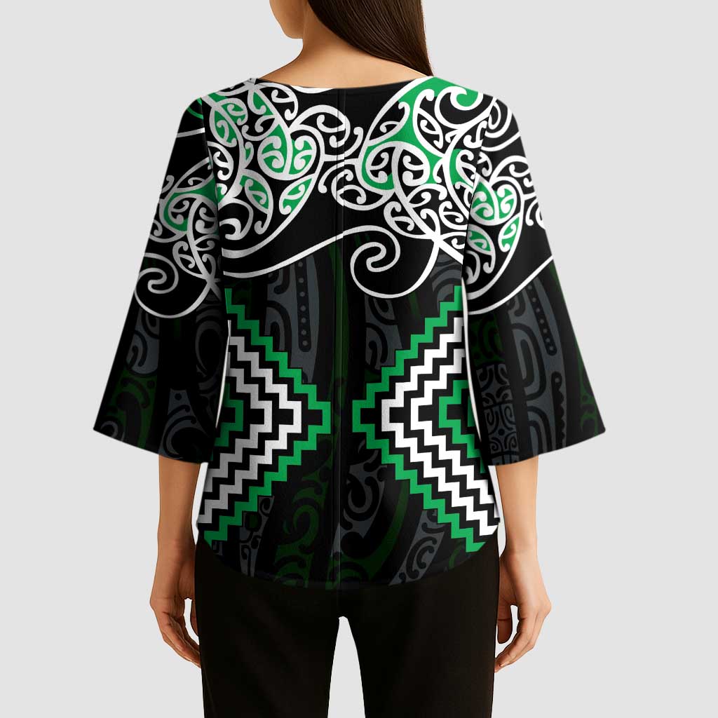 Green Aotearoa Tukutuku Manawa Tapu Kimono Sleeve Blouse Ta Moko Toi Maori LT9 - Polynesian Pride