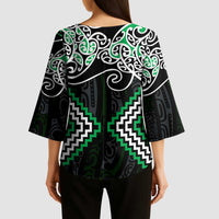 Green Aotearoa Tukutuku Manawa Tapu Kimono Sleeve Blouse Ta Moko Toi Maori LT9 - Polynesian Pride