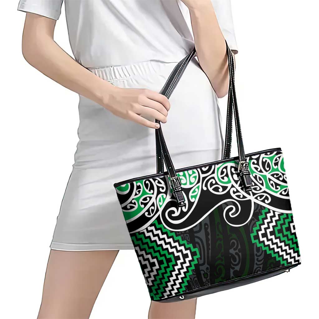 Green Aotearoa Tukutuku Manawa Tapu Leather Tote Bag Ta Moko Toi Maori LT9 - Polynesian Pride