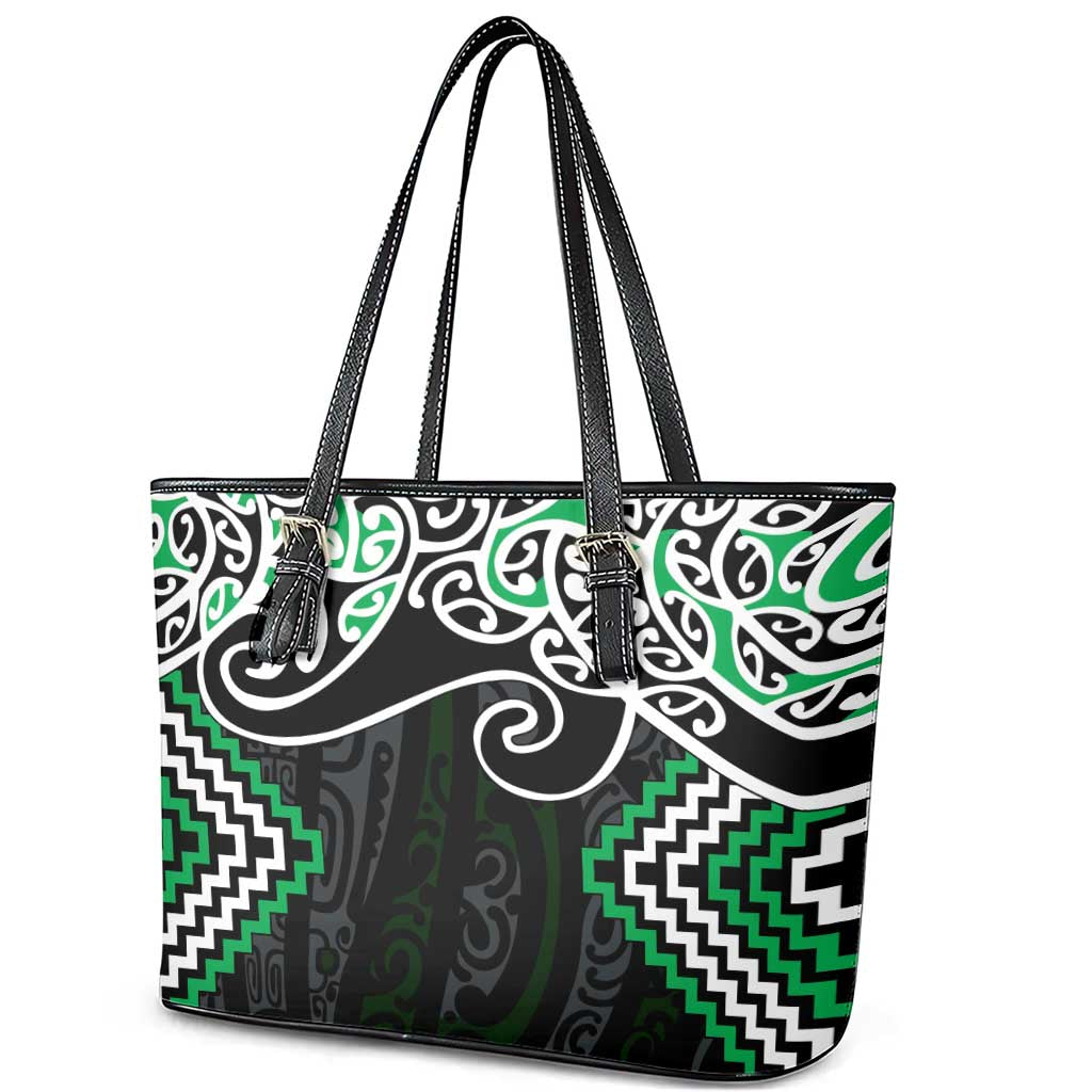 Green Aotearoa Tukutuku Manawa Tapu Leather Tote Bag Ta Moko Toi Maori LT9 - Polynesian Pride
