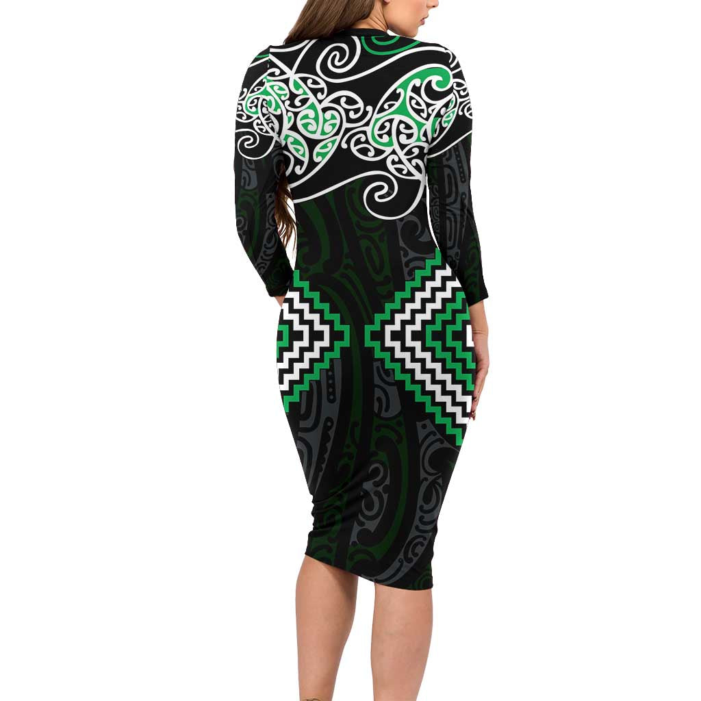 Green Aotearoa Tukutuku Manawa Tapu Long Sleeve Bodycon Dress Ta Moko Toi Maori LT9 - Polynesian Pride