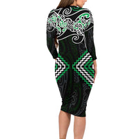 Green Aotearoa Tukutuku Manawa Tapu Long Sleeve Bodycon Dress Ta Moko Toi Maori LT9 - Polynesian Pride