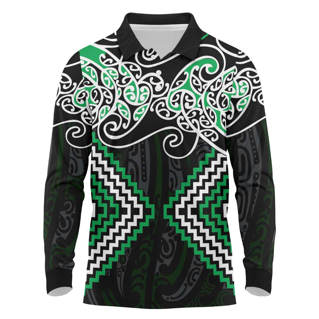 Green Aotearoa Tukutuku Manawa Tapu Long Sleeve Polo Shirt Ta Moko Toi Maori LT9 Green - Polynesian Pride