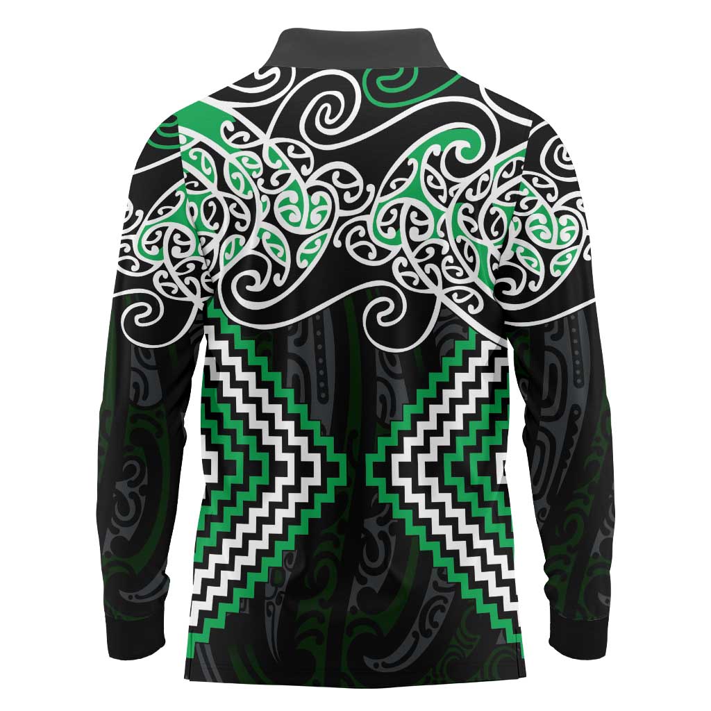 Green Aotearoa Tukutuku Manawa Tapu Long Sleeve Polo Shirt Ta Moko Toi Maori LT9 - Polynesian Pride