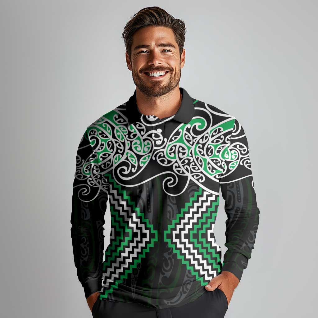 Green Aotearoa Tukutuku Manawa Tapu Long Sleeve Polo Shirt Ta Moko Toi Maori LT9 - Polynesian Pride