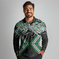Green Aotearoa Tukutuku Manawa Tapu Long Sleeve Polo Shirt Ta Moko Toi Maori LT9 - Polynesian Pride