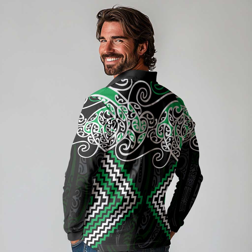 Green Aotearoa Tukutuku Manawa Tapu Long Sleeve Polo Shirt Ta Moko Toi Maori LT9 - Polynesian Pride