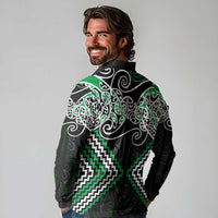 Green Aotearoa Tukutuku Manawa Tapu Long Sleeve Polo Shirt Ta Moko Toi Maori LT9 - Polynesian Pride