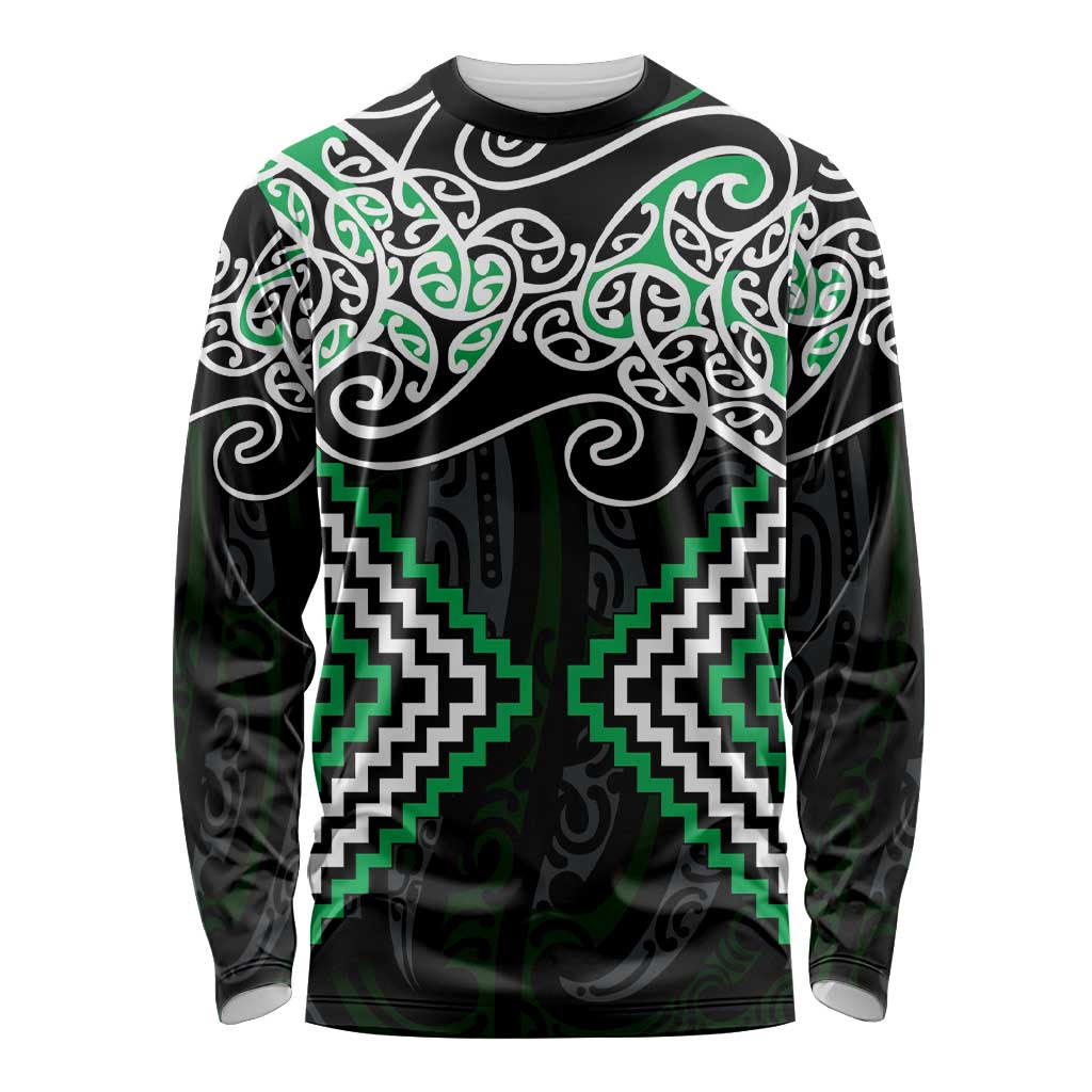 Green Aotearoa Tukutuku Manawa Tapu Long Sleeve Shirt Ta Moko Toi Maori LT9 Unisex Green - Polynesian Pride