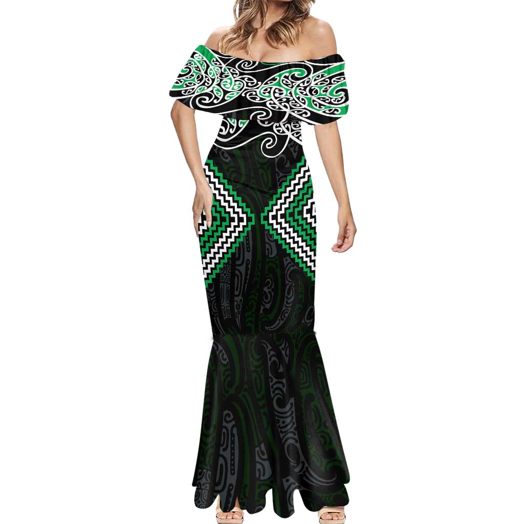 Green Aotearoa Tukutuku Manawa Tapu Mermaid Dress Ta Moko Toi Maori LT9 - Polynesian Pride