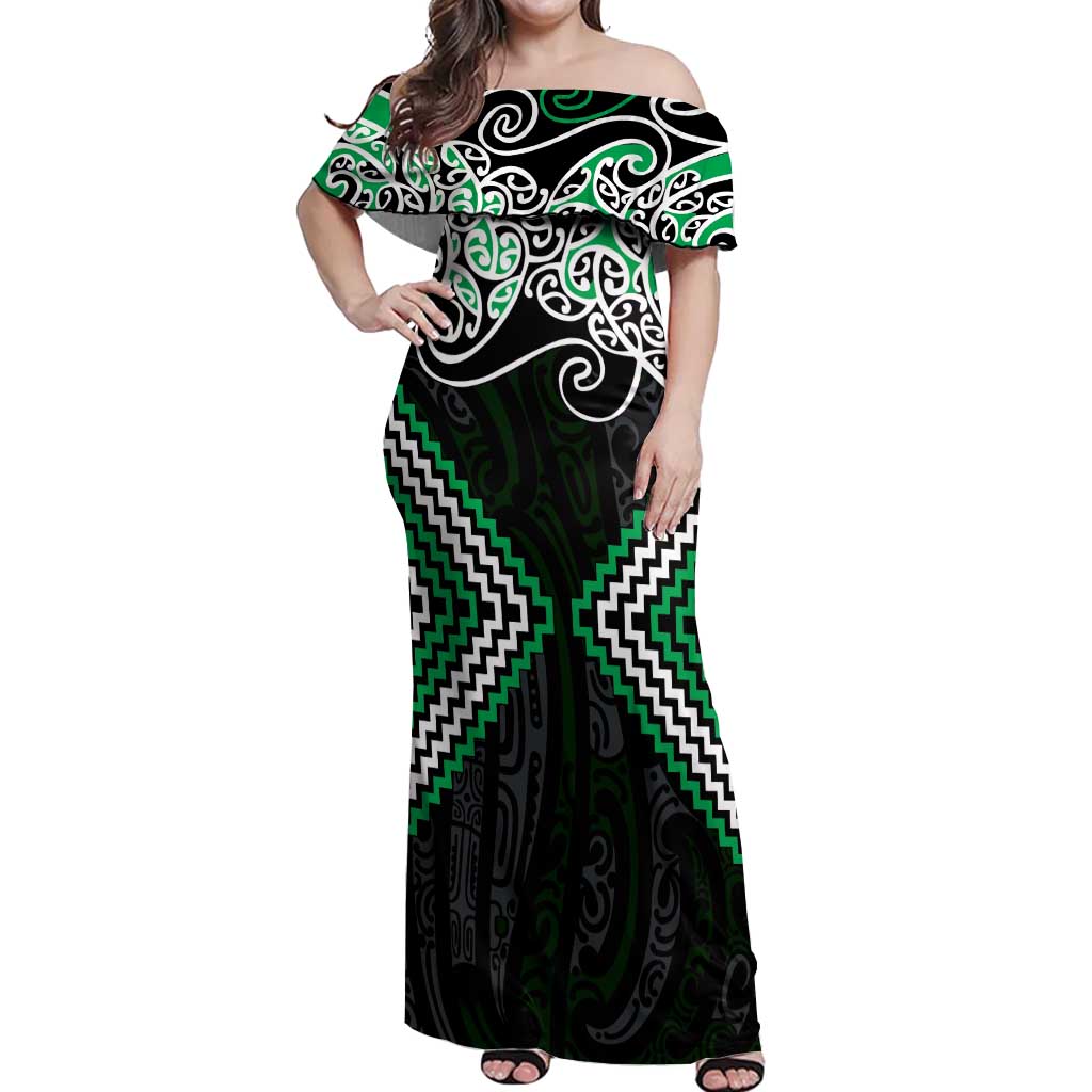 Green Aotearoa Tukutuku Manawa Tapu Off Shoulder Maxi Dress Ta Moko Toi Maori LT9 Women Green - Polynesian Pride
