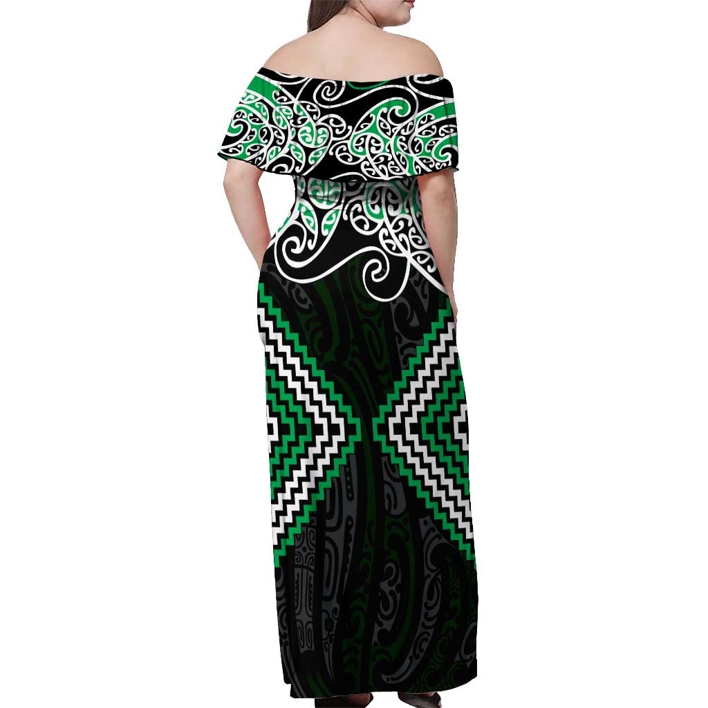 Green Aotearoa Tukutuku Manawa Tapu Off Shoulder Maxi Dress Ta Moko Toi Maori LT9 - Polynesian Pride