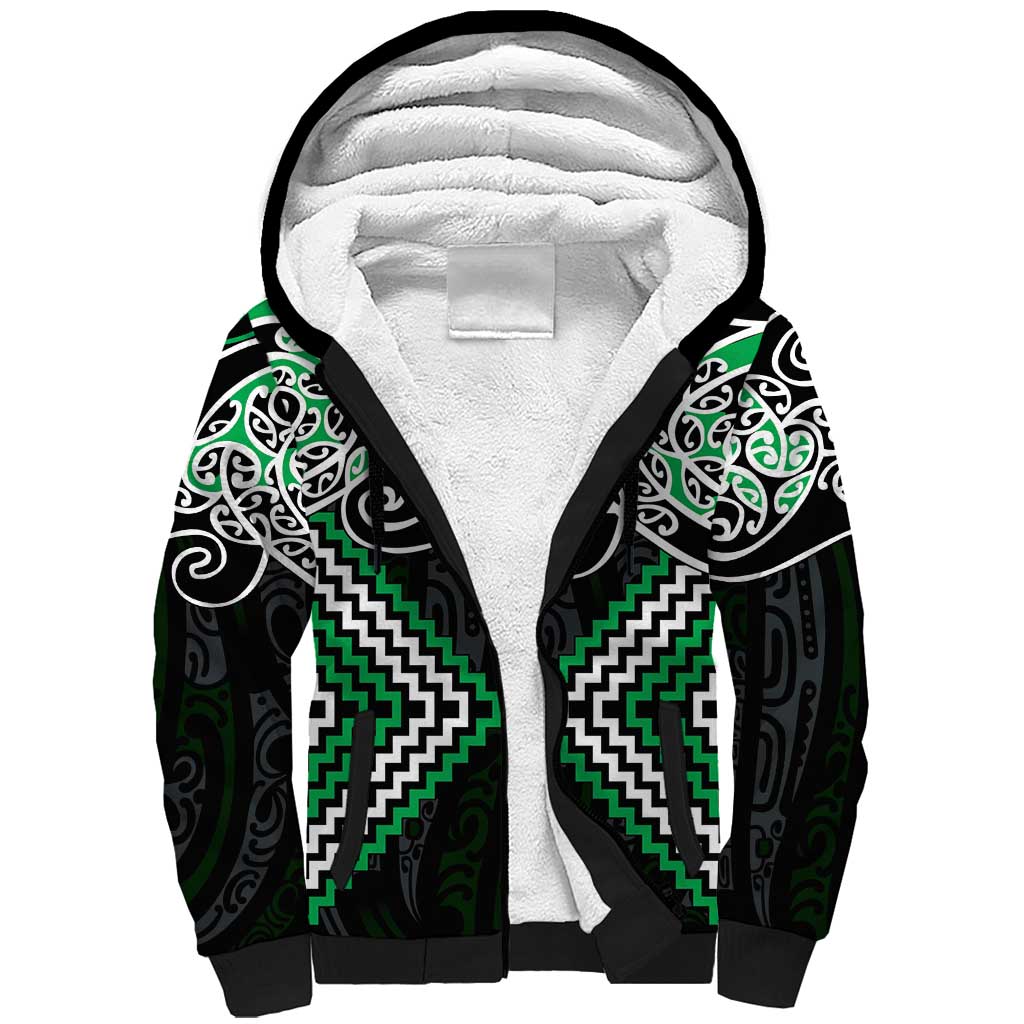 Green Aotearoa Tukutuku Manawa Tapu Sherpa Hoodie Ta Moko Toi Maori LT9 Unisex Green - Polynesian Pride