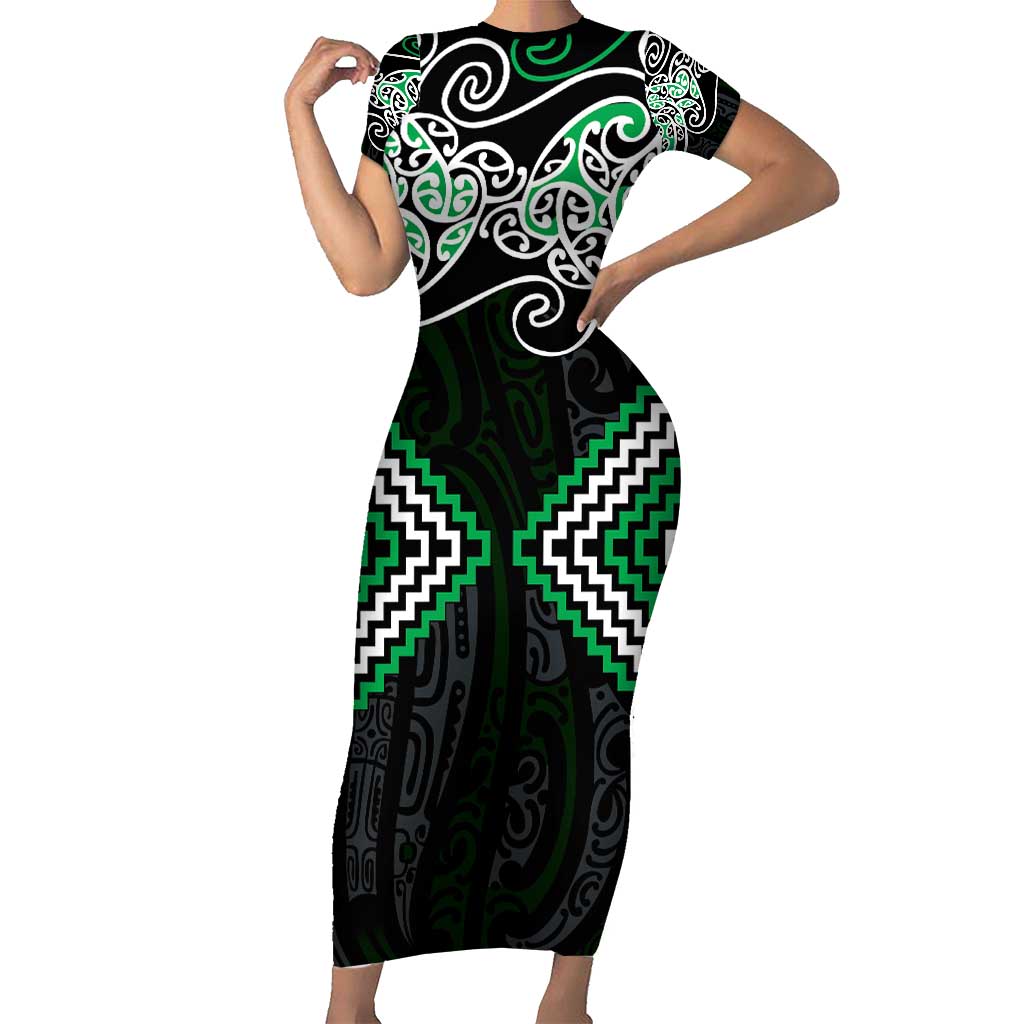 Green Aotearoa Tukutuku Manawa Tapu Short Sleeve Bodycon Dress Ta Moko Toi Maori LT9 Long Dress Green - Polynesian Pride