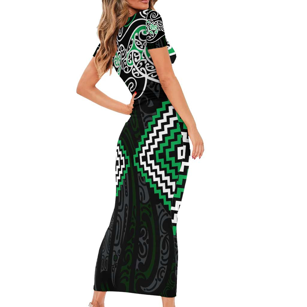 Green Aotearoa Tukutuku Manawa Tapu Short Sleeve Bodycon Dress Ta Moko Toi Maori LT9 - Polynesian Pride
