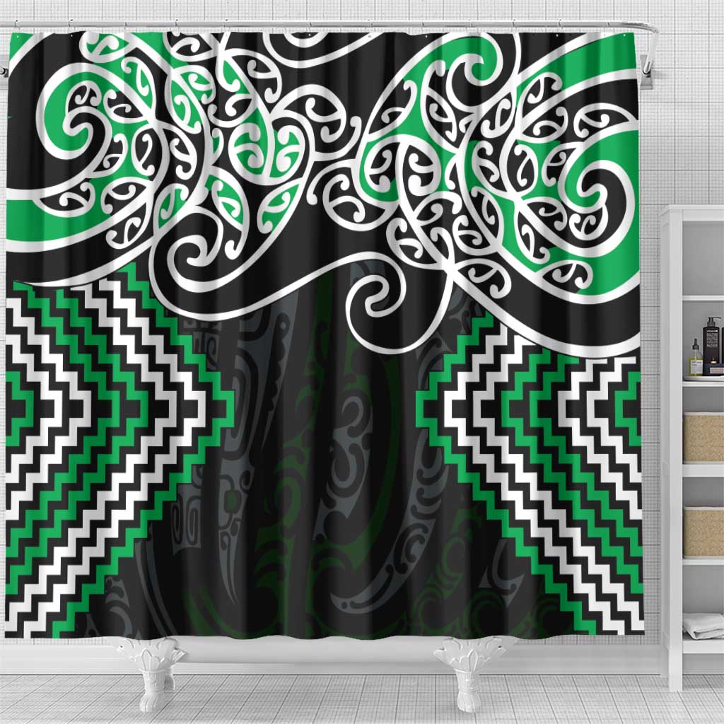 Green Aotearoa Tukutuku Manawa Tapu Shower Curtain Ta Moko Toi Maori LT9 - Polynesian Pride