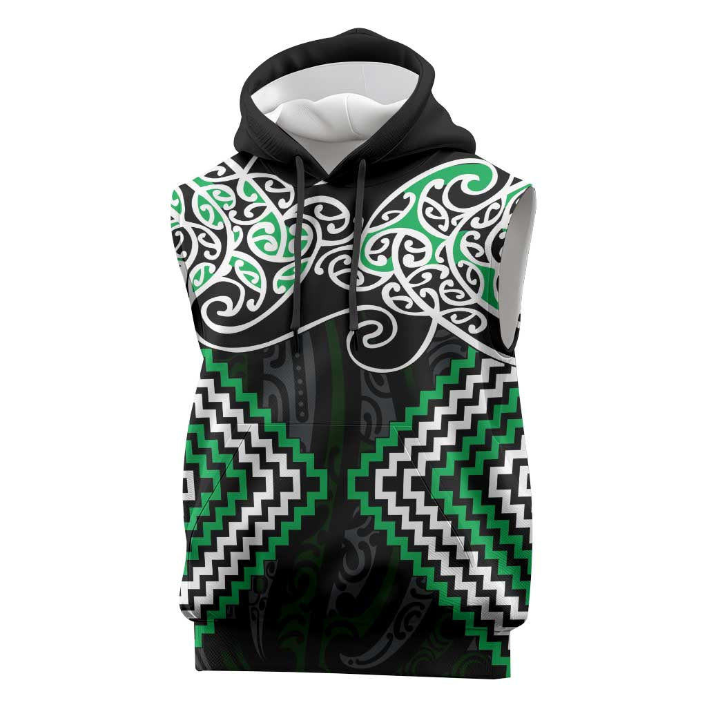 Green Aotearoa Tukutuku Manawa Tapu Sleeveless Hoodie Ta Moko Toi Maori LT9 Green - Polynesian Pride