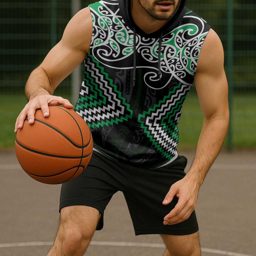 Green Aotearoa Tukutuku Manawa Tapu Sleeveless Hoodie Ta Moko Toi Maori LT9 - Polynesian Pride