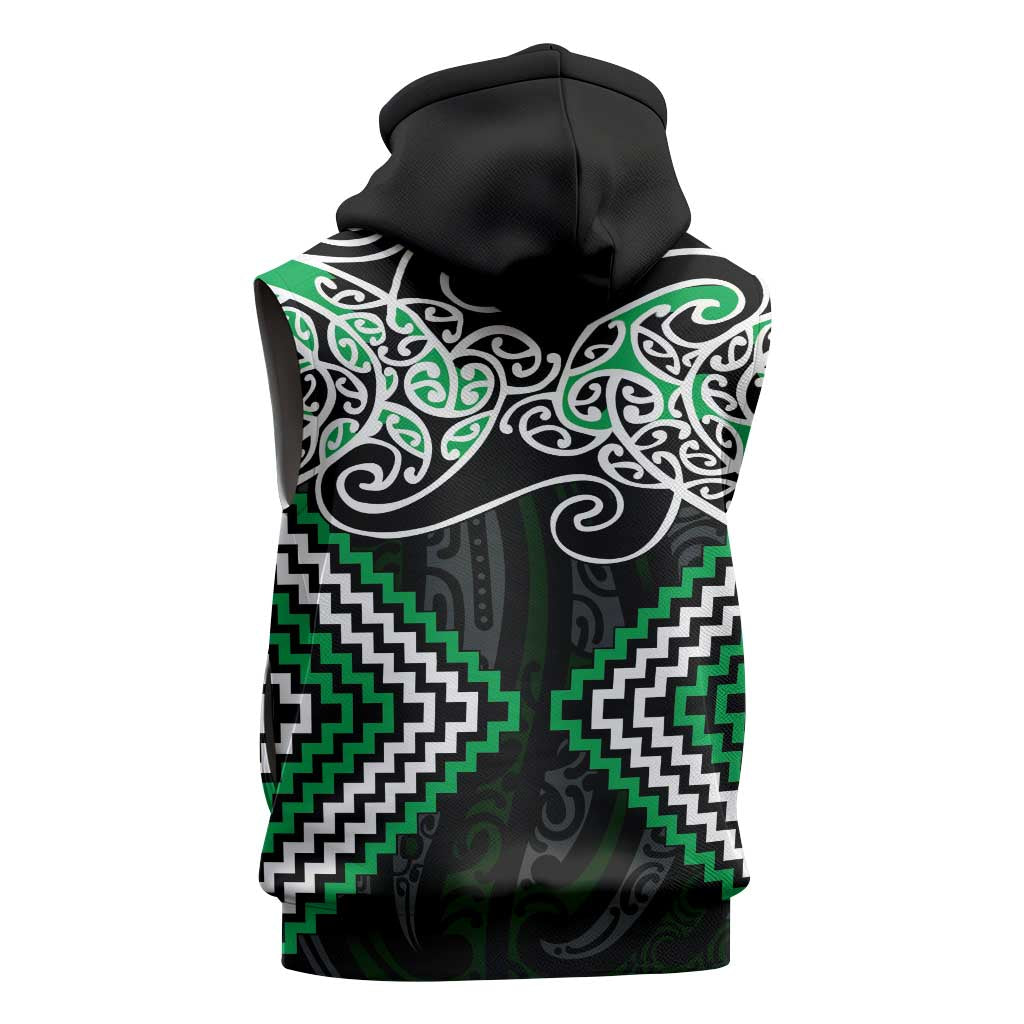 Green Aotearoa Tukutuku Manawa Tapu Sleeveless Zip Hoodie Ta Moko Toi Maori LT9 - Polynesian Pride