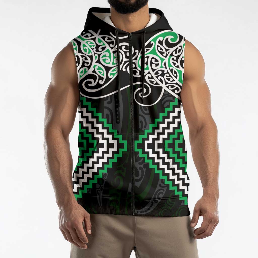 Green Aotearoa Tukutuku Manawa Tapu Sleeveless Zip Hoodie Ta Moko Toi Maori LT9 - Polynesian Pride