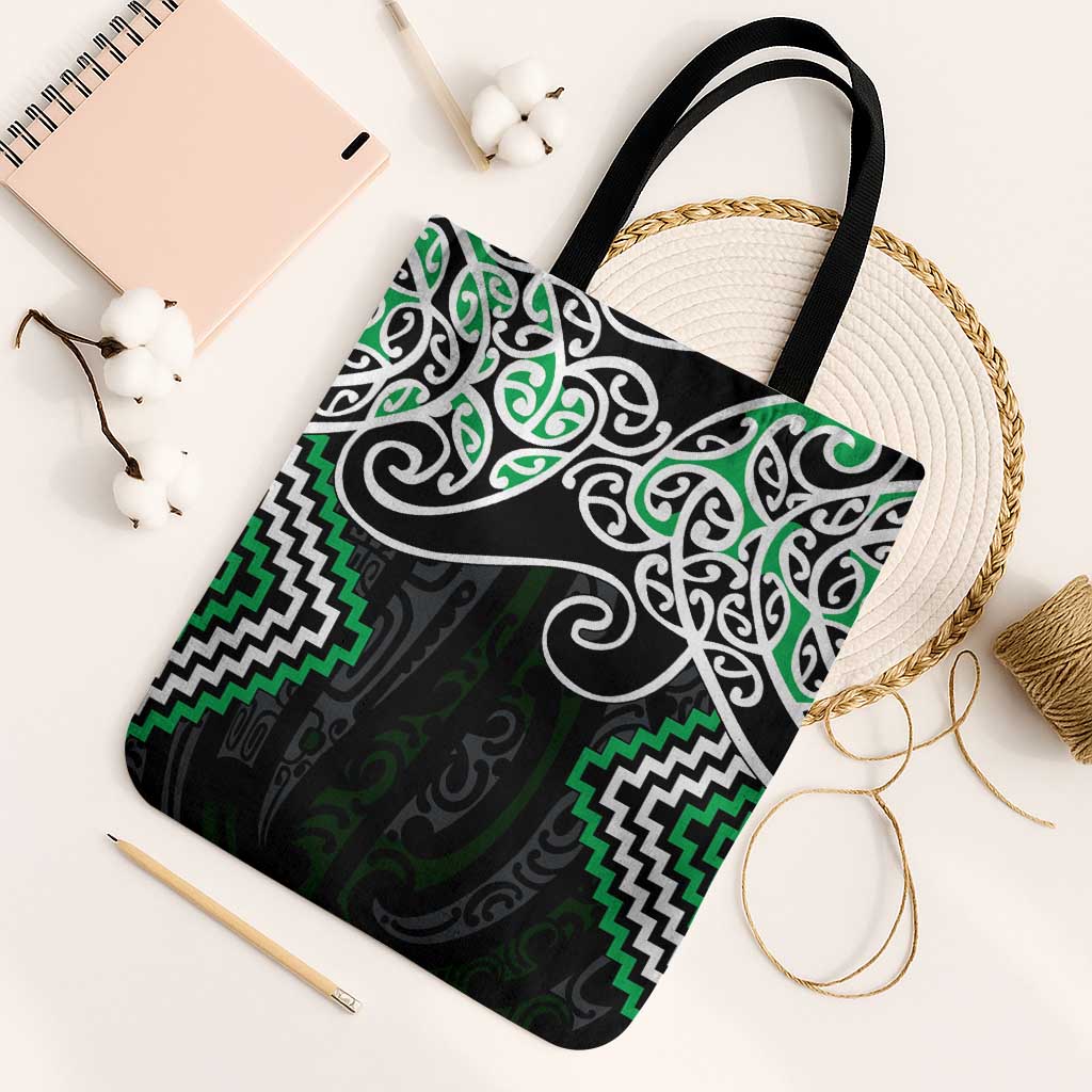 Green Aotearoa Tukutuku Manawa Tapu Tote Bag Ta Moko Toi Maori LT9 Black Strap One Size Green - Polynesian Pride