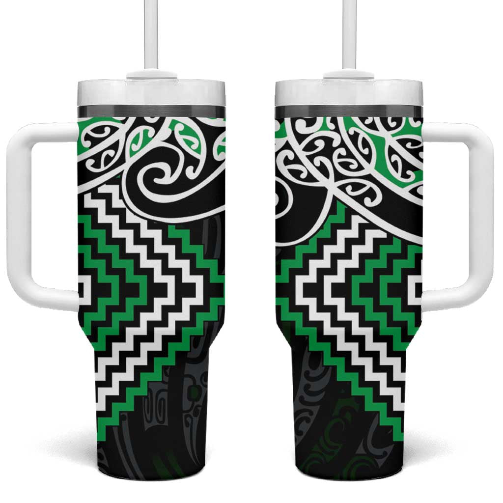 Green Aotearoa Tukutuku Manawa Tapu Tumbler With Handle Ta Moko Toi Maori LT9 One Size: 40 oz Green - Polynesian Pride