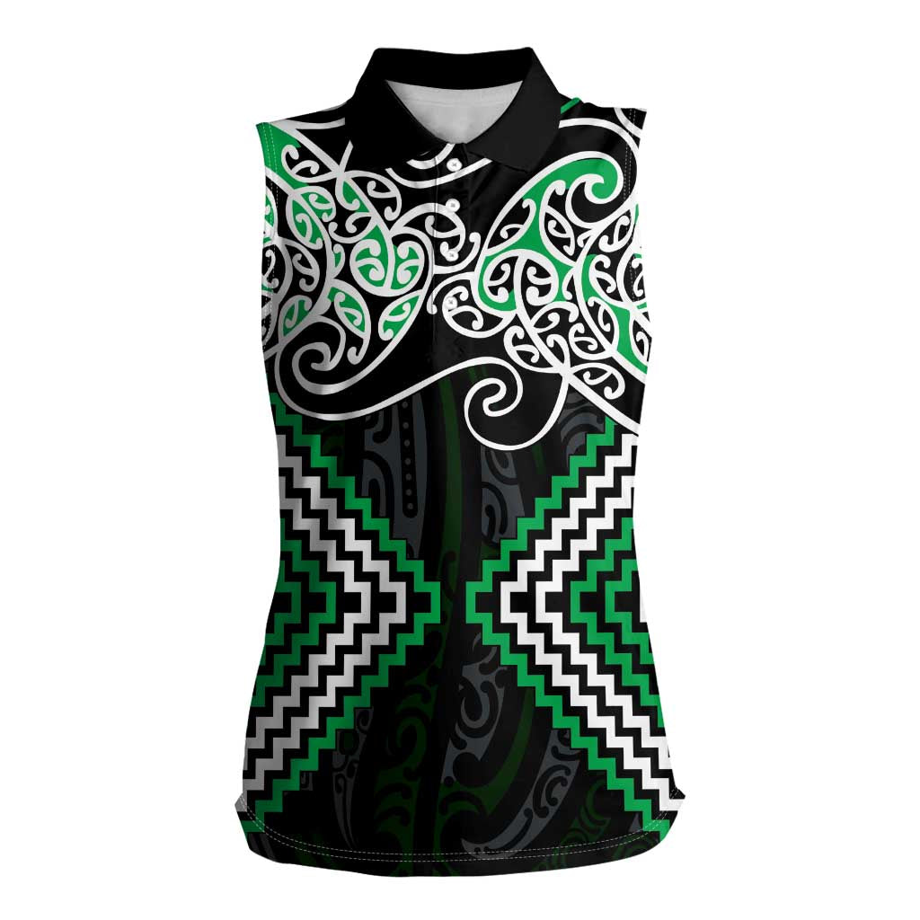 Green Aotearoa Tukutuku Manawa Tapu Women Sleeveless Polo Shirt Ta Moko Toi Maori LT9 Female Green - Polynesian Pride