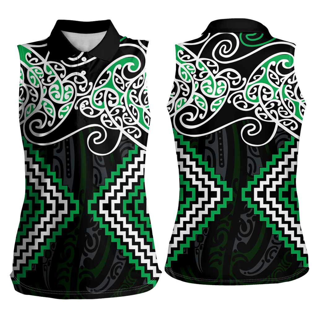 Green Aotearoa Tukutuku Manawa Tapu Women Sleeveless Polo Shirt Ta Moko Toi Maori LT9 - Polynesian Pride