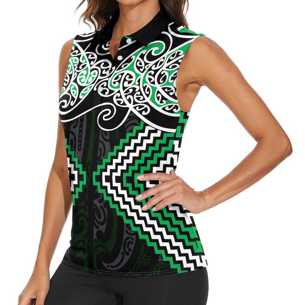 Green Aotearoa Tukutuku Manawa Tapu Women Sleeveless Polo Shirt Ta Moko Toi Maori LT9 - Polynesian Pride