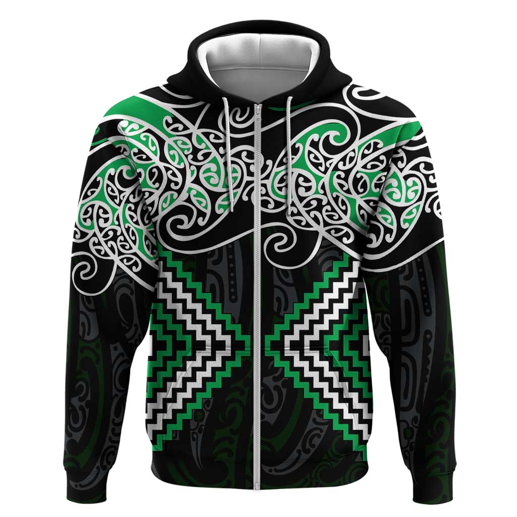 Green Aotearoa Tukutuku Manawa Tapu Zip Hoodie Ta Moko Toi Maori LT9 Zip Hoodie Green - Polynesian Pride