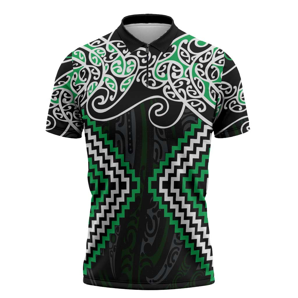 Green Aotearoa Tukutuku Manawa Tapu Zipper Polo Shirt Ta Moko Toi Maori LT9 Green - Polynesian Pride