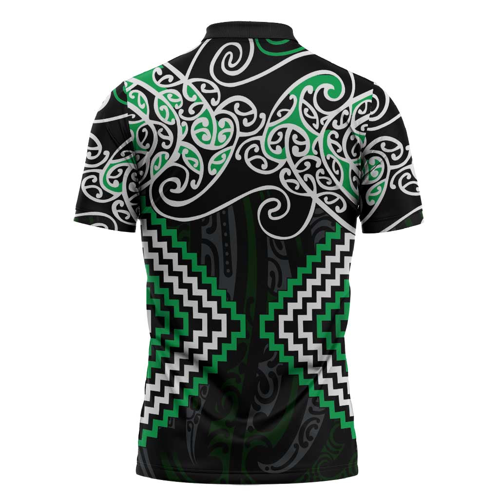 Green Aotearoa Tukutuku Manawa Tapu Zipper Polo Shirt Ta Moko Toi Maori LT9 - Polynesian Pride