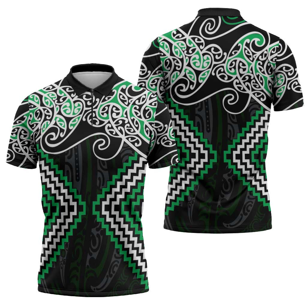Green Aotearoa Tukutuku Manawa Tapu Zipper Polo Shirt Ta Moko Toi Maori LT9 - Polynesian Pride